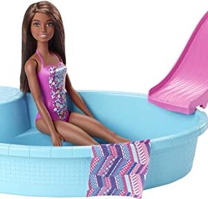 Barbie Doll and Pool Playset with Pink Slide, Beverage Accessories and Towel, Brunette Doll in Floral Swimsuit