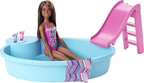 Barbie Doll and Pool Playset with Pink Slide, Beverage Accessories and Towel, Brunette Doll in Floral Swimsuit