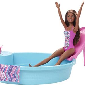 Barbie Doll and Pool Playset with Pink Slide, Beverage Accessories and Towel, Brunette Doll in Floral Swimsuit