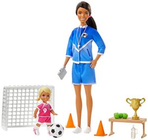 barbie soccer coach playset with brunette soccer coach doll, student doll and accessories: soccer ball, clipboard, goal net, cones, bench and more for ages 3 and up, multi