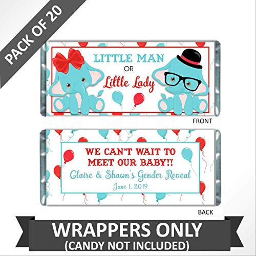 Personalized Elephant Candy Wrappers for Chocolate, Gender Reveal Party Favors, Pack of 20 Custom Hershey Bar Labels