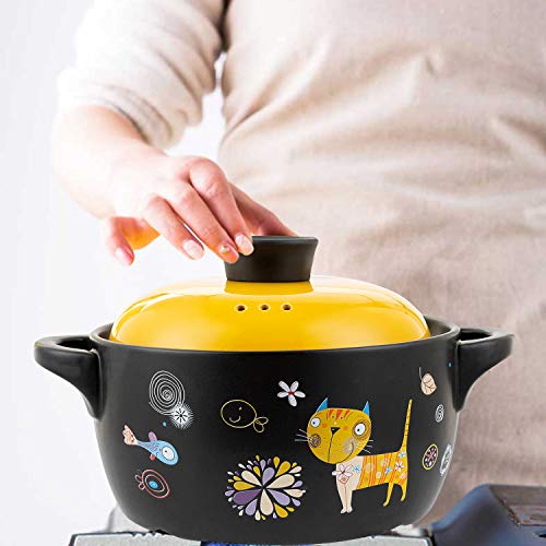 AHUONEL Ceramic Stockpot Clay Cooking Pot Cookware Stovetop, Cartoon Pattern Stew Pot Hot Pot Clay Pots Soup Pot Casserole Cooking Pot 2.6 Quart Yellow Cat