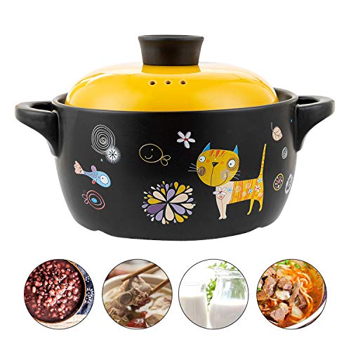 AHUONEL Ceramic Stockpot Clay Cooking Pot Cookware Stovetop, Cartoon Pattern Stew Pot Hot Pot Clay Pots Soup Pot Casserole Cooking Pot 2.6 Quart Yellow Cat