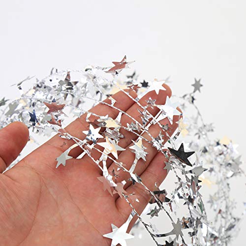 CCINEE 75 FT Star Tinsel Garlands with Wire, Christmas Star Wire Garland Decorations for Xmas Tree Home Wedding Birtahday Party Festive Ornament, Silver, 3 Pack