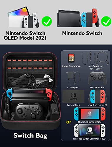 Switch Case for Nintendo Switch and Switch OLED Model, Portable Full Protection Carrying Travel Bag with 18 Game Cards Storage for Switch Console Pro Controller Accessories Black