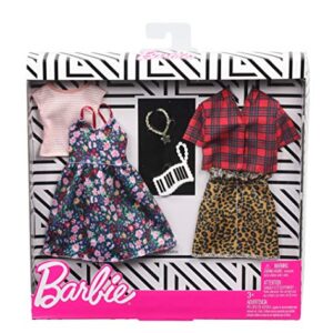 Barbie Clothes: 2 Outfits Doll Include A Floral Dress, Striped T-Shirt, Animal-Print Skirt, Plaid Top, Piano Key Purse and Necklace, Gift for 3 to 8 Year Olds​