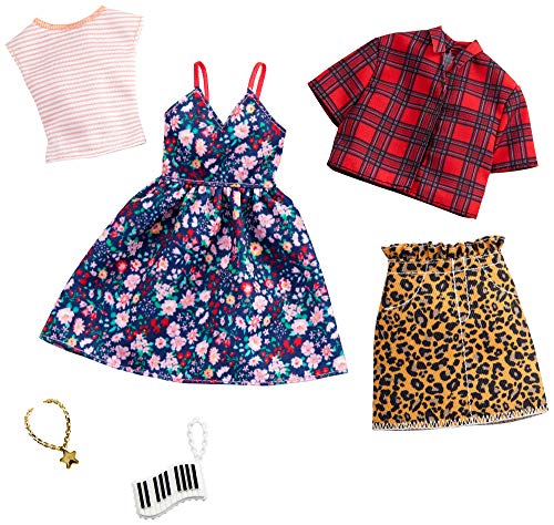 Barbie Clothes: 2 Outfits Doll Include A Floral Dress, Striped T-Shirt, Animal-Print Skirt, Plaid Top, Piano Key Purse and Necklace, Gift for 3 to 8 Year Olds​