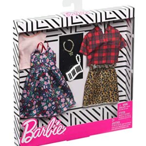 Barbie Clothes: 2 Outfits Doll Include A Floral Dress, Striped T-Shirt, Animal-Print Skirt, Plaid Top, Piano Key Purse and Necklace, Gift for 3 to 8 Year Olds​