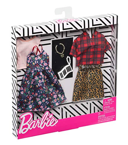 Barbie Clothes: 2 Outfits Doll Include A Floral Dress, Striped T-Shirt, Animal-Print Skirt, Plaid Top, Piano Key Purse and Necklace, Gift for 3 to 8 Year Olds​