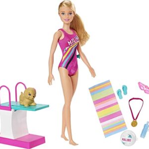 Barbie Dreamhouse Adventures Swim 'n Dive Doll, 11.5-Inch, in Swimwear, with Swimming Feature, Diving Board and Puppy, Gift for 3 to 7 Year Olds