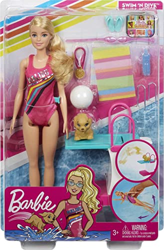 Barbie Dreamhouse Adventures Swim 'n Dive Doll, 11.5-Inch, in Swimwear, with Swimming Feature, Diving Board and Puppy, Gift for 3 to 7 Year Olds