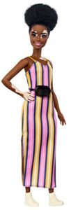 barbie fashionistas doll with vitiligo and curly brunette hair wearing striped dress and accessories, for 3 to 8 year olds​