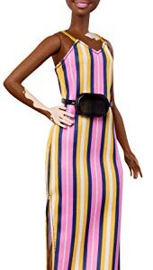 Barbie Fashionistas Doll with Vitiligo and Curly Brunette Hair Wearing Striped Dress and Accessories, for 3 to 8 Year Olds​