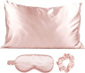 kitsch satin sleep set | softer than silk pillowcase and eyemask set - includes 1 pillowcase | 1 eye mask | and 1 volume scrunchie for hair (blush)