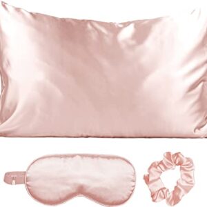 Kitsch Satin Sleep Set | Softer Than Silk Pillowcase and Eyemask Set - Includes 1 Pillowcase | 1 Eye Mask | and 1 Volume Scrunchie for Hair (Blush)