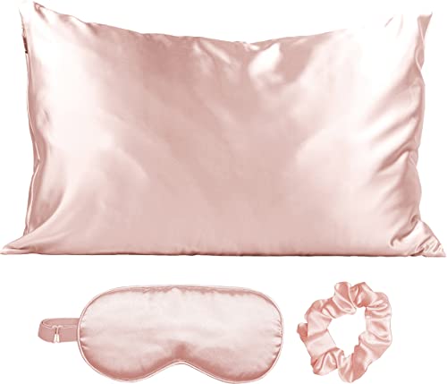 Kitsch Satin Sleep Set | Softer Than Silk Pillowcase and Eyemask Set - Includes 1 Pillowcase | 1 Eye Mask | and 1 Volume Scrunchie for Hair (Blush)