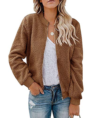 MIROL Women's Sherpa Fleece Jacket Faux Fuzzy Long Sleeve Casual Zip Up Bomber Coat