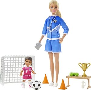 barbie soccer coach playset with blonde soccer coach doll, student doll and accessories: soccer ball, clipboard, goal net, cones, bench and more for ages 3 and up