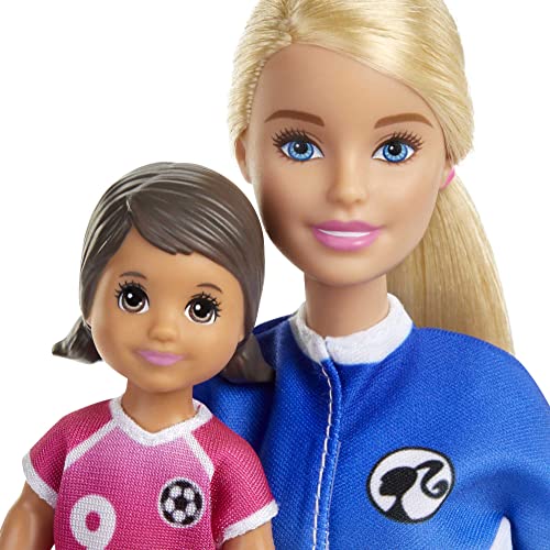 Barbie Soccer Coach Playset with Blonde Soccer Coach Doll, Student Doll and Accessories: Soccer Ball, Clipboard, Goal Net, Cones, Bench and More for Ages 3 and Up