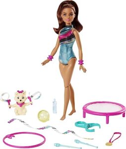 barbie gymnast playset, spin 'n twirl teresa doll flips & spins hoops, pet has bouncing trampoline & waves ribbons, themed accessories (amazon exclusive)