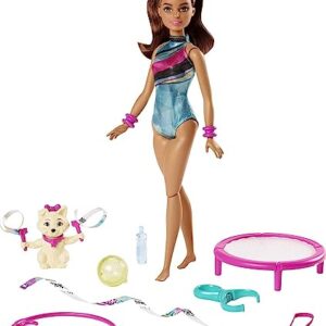 Barbie Gymnast Playset, Spin 'N Twirl Teresa Doll Flips & Spins Hoops, Pet Has Bouncing Trampoline & Waves Ribbons, Themed Accessories (Amazon Exclusive)