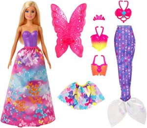 barbie dreamtopia dress up doll gift set, 12.5-inch, blonde with princess, fairy and mermaid costumes, gift for 3 to 7 year olds