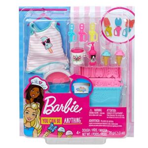 barbie cooking & baking accessory pack with ice cream-themed pieces, including tank top for doll, cooler mold & container of molded dough, ages 4 years old & up, multi