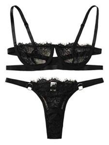 shein women's 2 piece sexy lace strap bralette bra and panty lingerie set push up black small