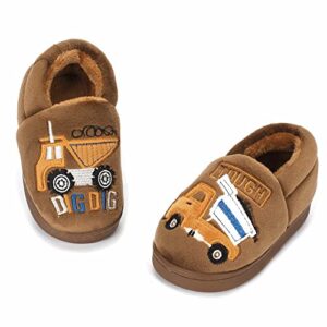 ESTAMICO Boys Girls Warm Slippers Cartoon Rocket Kids Winter Indoor Household Shoes, Brown 7-8 Toddler