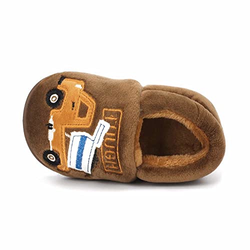 ESTAMICO Boys Girls Warm Slippers Cartoon Rocket Kids Winter Indoor Household Shoes, Brown 7-8 Toddler