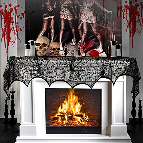 3AB Halloween Fireplace Decoration, Black Lace Spiderweb Fireplace Mantle Scarf, 18 x 96 inch Cobweb Fireplace Scarf for Halloween Party Decorations