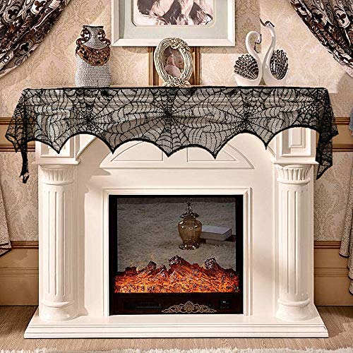 3AB Halloween Fireplace Decoration, Black Lace Spiderweb Fireplace Mantle Scarf, 18 x 96 inch Cobweb Fireplace Scarf for Halloween Party Decorations