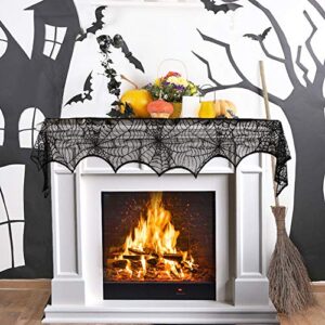 3AB Halloween Fireplace Decoration, Black Lace Spiderweb Fireplace Mantle Scarf, 18 x 96 inch Cobweb Fireplace Scarf for Halloween Party Decorations