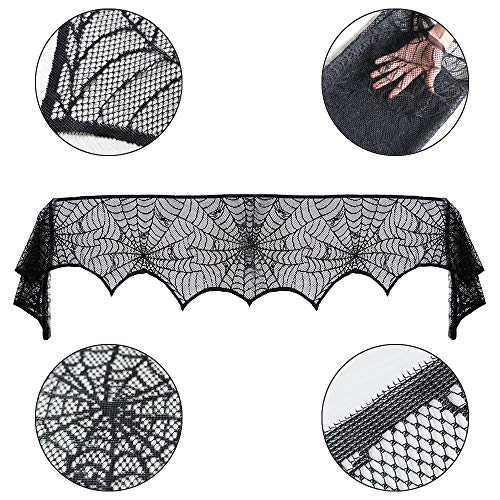 3AB Halloween Fireplace Decoration, Black Lace Spiderweb Fireplace Mantle Scarf, 18 x 96 inch Cobweb Fireplace Scarf for Halloween Party Decorations