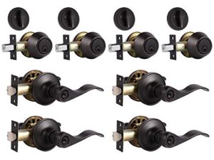 keyed entry door lock set, keyed alike single cylinder deadbolt with wave style lever, oil rubbed bronze reversible leverset for bedroom, front door, office 4 pack