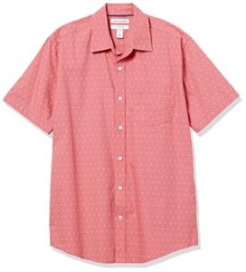 amazon essentials men's regular-fit short-sleeve poplin shirt, coral orange/white, dots, large