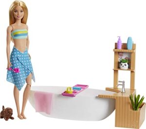 ​barbie fizzy bath doll & playset, blonde, with tub, fizzy powder, puppy & more, gift for kids 3 to 7 years old