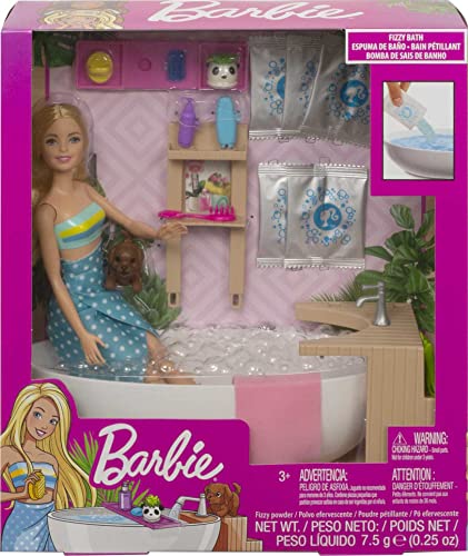 ​Barbie Fizzy Bath Doll & Playset, Blonde, with Tub, Fizzy Powder, Puppy & More, Gift for Kids 3 to 7 Years Old