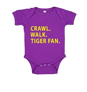 southern sisters crawl walk tiger fan baby romper in purple and gold (12 month)