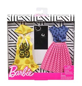 barbie clothes -2 outfits for barbie doll feature polka dots on a yellow hoodie dress, a blue top and pink skirt, plus 2 accessories, gift for 3 to 8 year olds