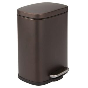 mdesign stainless steel touchless rectangular 1.3 gallon/5 liter foot step trash can with lid - wastebasket container bin for bathroom, bedroom, kitchen, office, holds garbage, waste - bronze