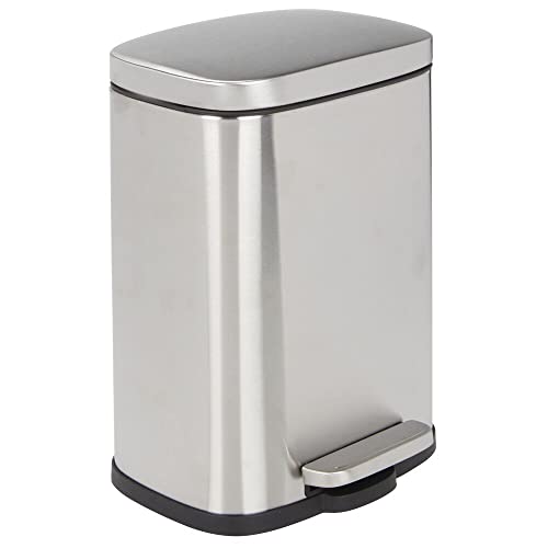 mDesign Stainless Steel Touchless Rectangular 1.3 Gallon/5 Liter Foot Step Trash Can with Lid - Wastebasket Container Bin for Bathroom, Bedroom, Kitchen, Office, Holds Garbage, Waste - Brushed Chrome