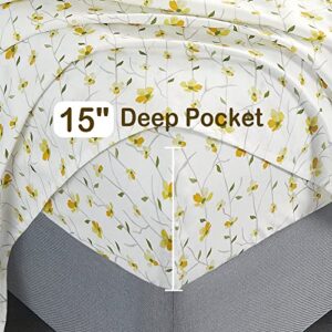 softan Full Sheet Set Floral Bed Sheets Full Printed Sheets Double - 4 Piece Soft Microfiber Patterned Fitted Sheets Full with 15" Deep Pocket, Yellow Flower