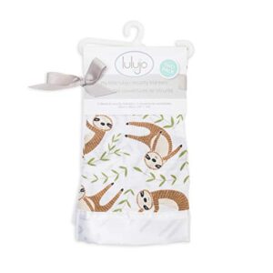 lulujo Baby Security Lovie Blankets| Unisex Softest Breathable Cotton Muslin Security Blanket with Silky Satin Trim| Neutral Comforting Blanket for Girls & Boys | 16in by 16 in| Sloth