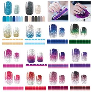 14 sheets nail stickers glitter gradient color shine full wraps polish stickers decal strips self-ashesive nail art sets for women girls