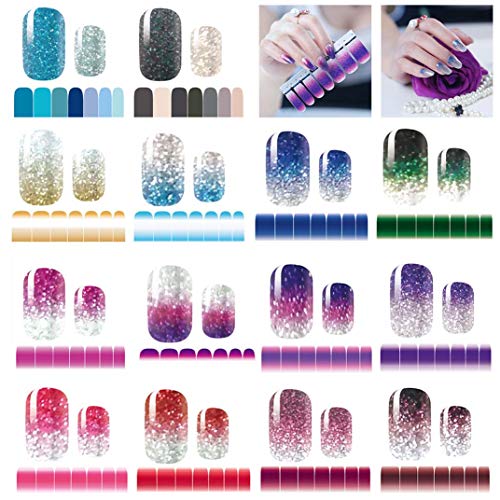 14 Sheets Nail Stickers Glitter Gradient Color Shine Full Wraps Polish Stickers Decal Strips Self-Ashesive Nail Art Sets for Women Girls