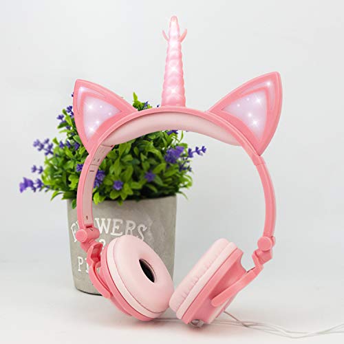 Olyre Cartoon Cute Headphones Wired 3.5mm Jack Light Up Flashing LED Unicorn Headphones Folding Adjustable On Ear Earphones for Women Girls Boys Children Kids Toddler School Birthday