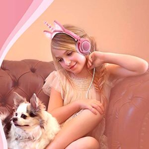 Olyre Cartoon Cute Headphones Wired 3.5mm Jack Light Up Flashing LED Unicorn Headphones Folding Adjustable On Ear Earphones for Women Girls Boys Children Kids Toddler School Birthday