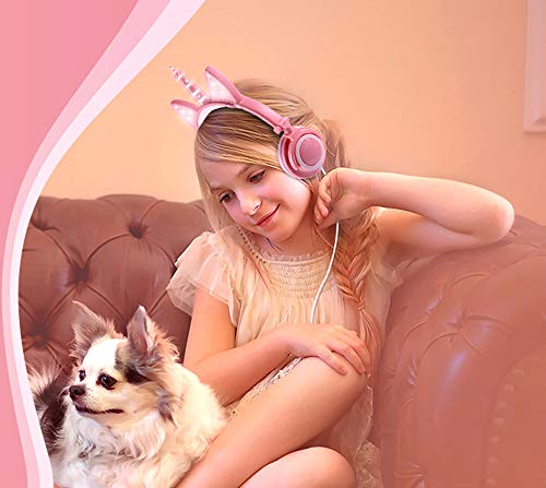 Olyre Cartoon Cute Headphones Wired 3.5mm Jack Light Up Flashing LED Unicorn Headphones Folding Adjustable On Ear Earphones for Women Girls Boys Children Kids Toddler School Birthday