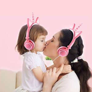 Olyre Cartoon Cute Headphones Wired 3.5mm Jack Light Up Flashing LED Unicorn Headphones Folding Adjustable On Ear Earphones for Women Girls Boys Children Kids Toddler School Birthday